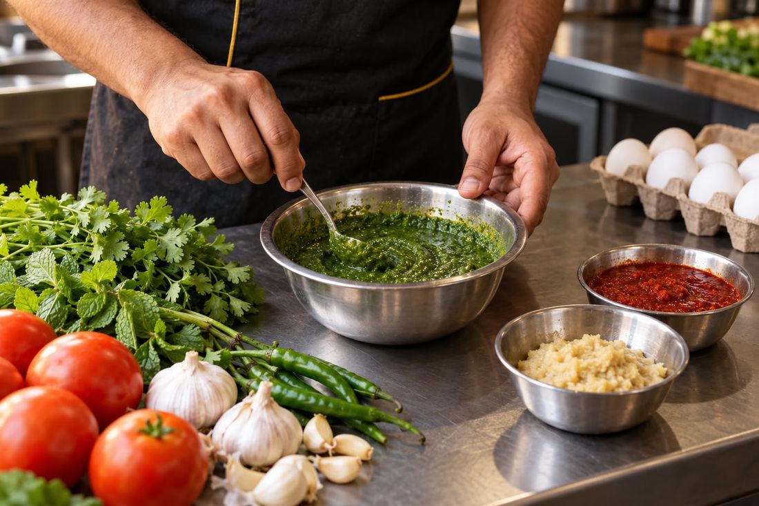 House-made sauces and pastes being prepared at OMK